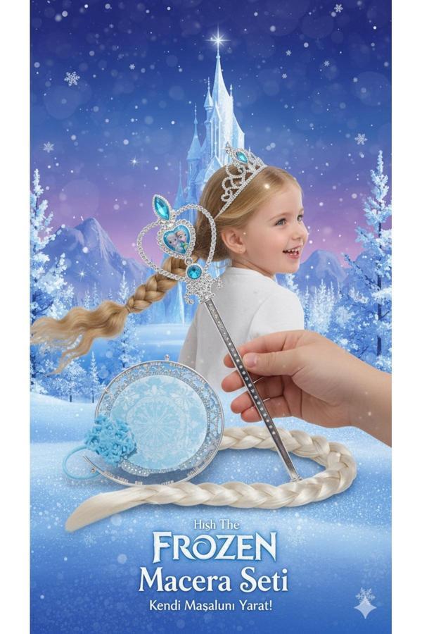 Butik Center Frozen Elsa Tac Asa Örgü Saçlı Prenses Seti – Kız Çocuk Kostüm Aksesuarı 3’Lü Takım - Image 1