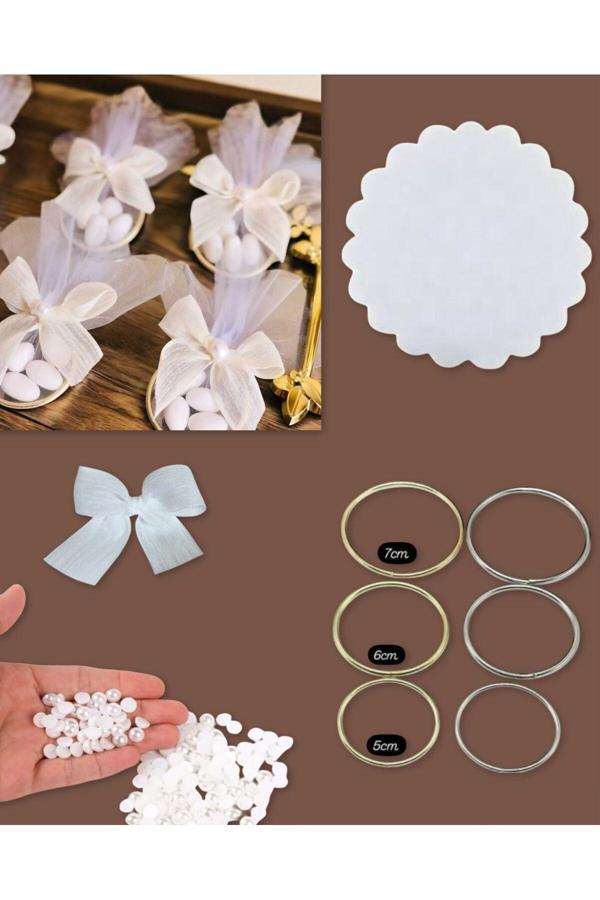 Butik Center 100 Adet 6 Cm Gold Halka 100 Adet Düz Tül 100 Adet Inci 100 Adet Hazır Fiyonk - Image 1