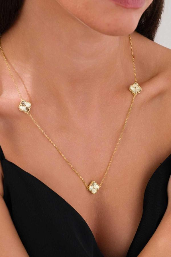 Acestes Design Yonca Şans Model 3Motif Zarif Parlak Özel Seri Altın Kaplama 925 Ayar Kolyeler 50 Cm - Image 1