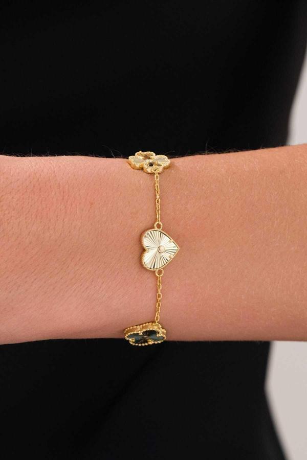 Acestes Design 925 Ayar Gümüş Şans (Kalp-Yonca) Parıltı Model Şık Zarif Tasarım 14 Ayar Kaplama Gümüş Bileklik - Image 1