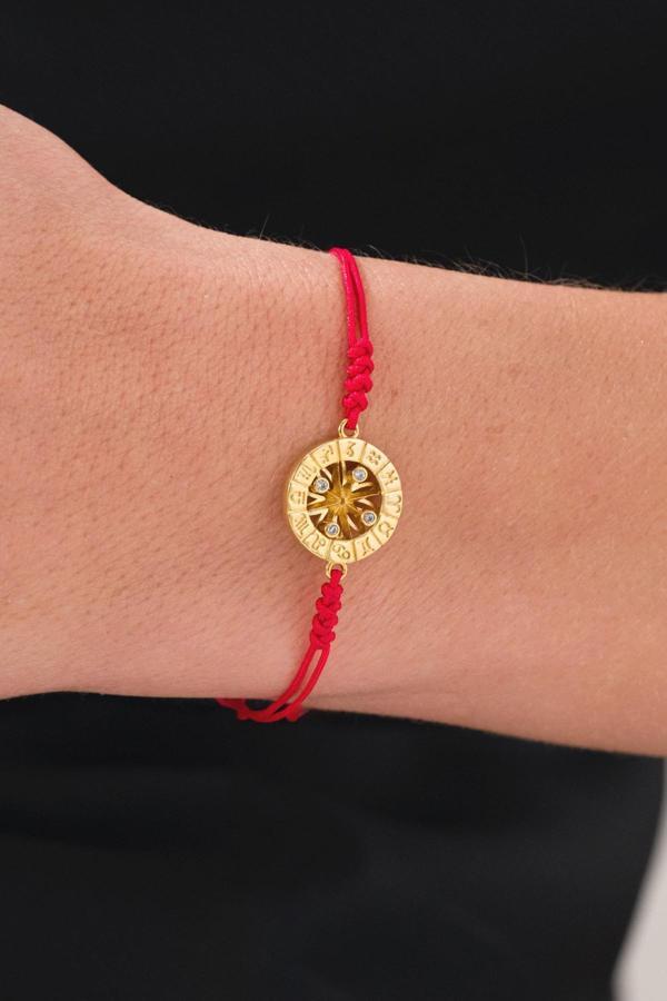 Acestes Design Işıltılı Pusula Ve Burç Tasarım Zirkon Taşlı Şık Ve Zarif İthal Kırmızı Renk İp Gold Gümüş Bileklik - Image 1