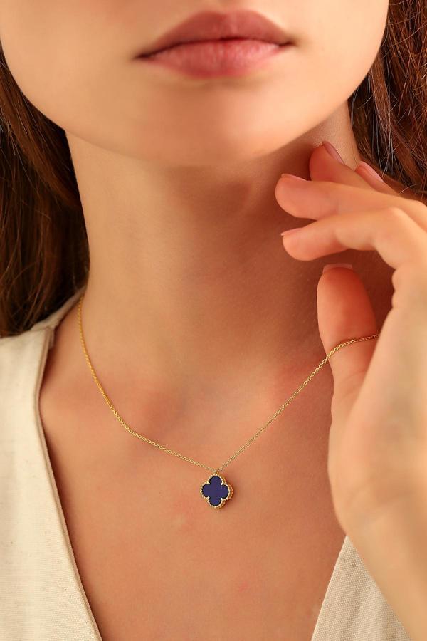 Acestes Design 925 Ayar Gümüş Yonca Şans Model Lacivert Renk Taşlı 14 Ayar Altın Kaplama Kolyeler - Image 1