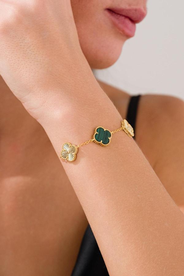 Acestes Design Yonca Şans Model 3 Yeşil Malakit Renk Doğal Taşlı Ve Lazer Kalemli 925 Ayar Gümüş Bileklik - Image 1