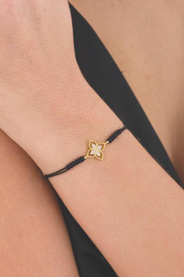 Acestes Design Prenses Çiçeği Tasarım Mikro Zirkon Taşlı İthal Paraşüt Siyah Renk Altın Kaplama İp Gümüş Bileklik - Image 1
