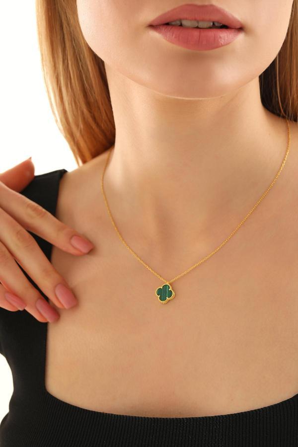 Acestes Design Yonca Şans Model Yeşil Malakit Doğal Taşlı 14 Ayar Altın Kaplama (10 Mm) 925 Ayar Kolyeler - Image 1