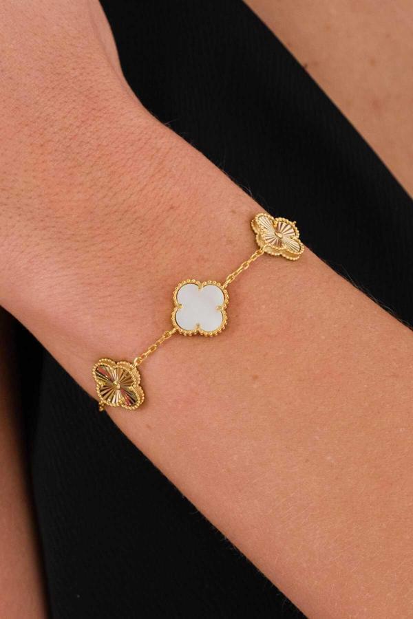 Acestes Design Yonca Şans Model 5 Motifli Beyaz Sedef Taşlı Ve Lazer Kalemli Tasarım Gümüş Bileklik - Image 1