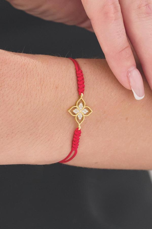 Acestes Design Prenses Çiçeği Tasarım Mikro Zirkon Taşlı İthal Kırmızı Renk Altın Kaplama İp Gümüş Bileklik - Image 1