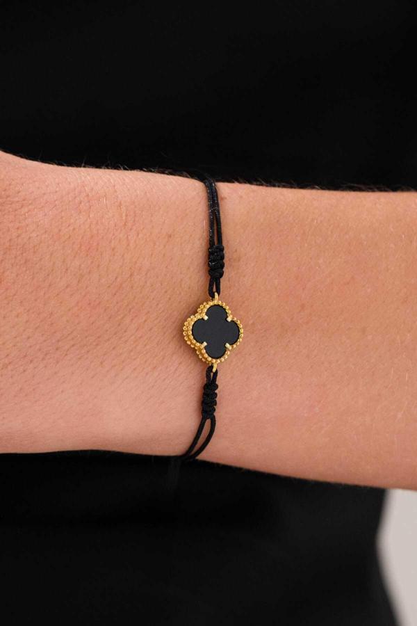Acestes Design 925 Ayar Gümüş Işıltılı Şans Yonca Çiçeği Zarif Tasarım İthal Siyah Renk Taş İp Gold Gümüş Bileklik - Image 1