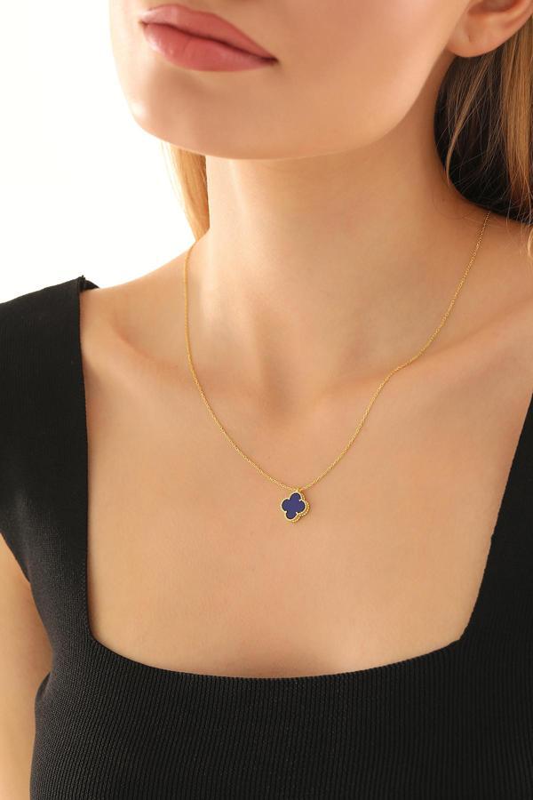 Acestes Design Yonca Şans Model Lacivert Taşlı Tasarım 14 Ayar Altın Kaplama (10 Mm) 925 Ayar Kolyeler - Image 1