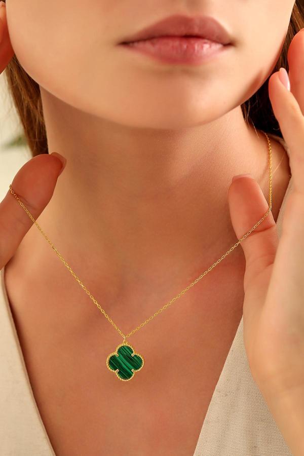 Acestes Design Yeşil Çizgili Malakit Desen Doğal Taş Yonca Şans 16 Mm 925 Ayar Kolyeler - Image 1