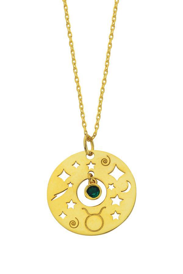 Acestes Design 925 Ayar Gümüş Tasarım Boğa Burç Plaka Zirkon Doğum Taşı Detaylı Şans Tılsım Kolyeler - Image 1