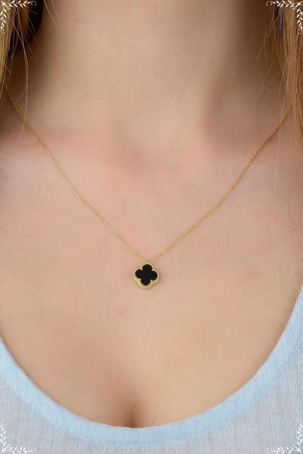 Acestes Design Siyah Oniks Taşlı Yonca Şans Model Tasarım 14 Ayar Altın Kaplama 925 Ayar Kolyeler - Image 1