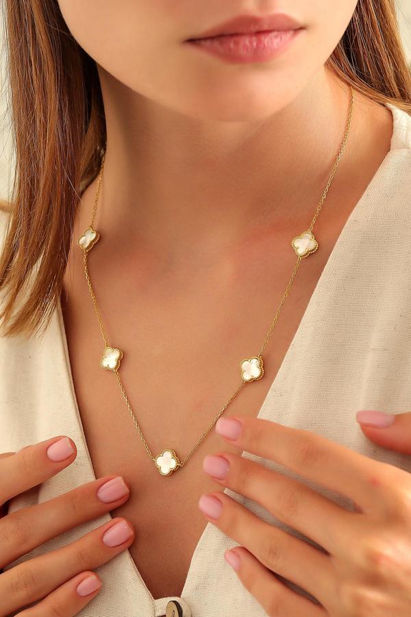 Acestes Design Yonca Şans Model 5 Desenli Tasarım Beyaz Sedef Renk Taşlı 14 Ayar Altın Kaplama 925 Ayar Kolyeler - Image 1