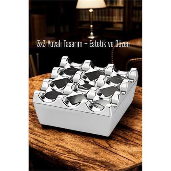 Metal Döküm Küllük – 3x3 Yuvalı Krom  Modern ve Ağırlıklı Tasarım 7 - Image 1