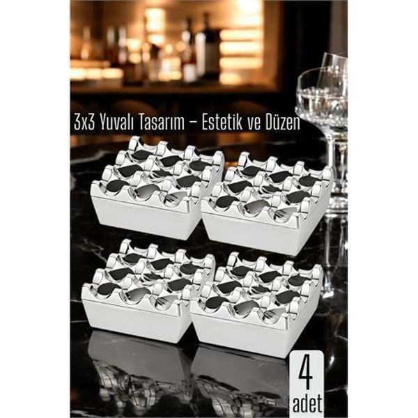 4 lü Metal Döküm Küllük – 3x3 Yuvalı Krom  Modern ve Ağırlıklı Tasarım - Image 1