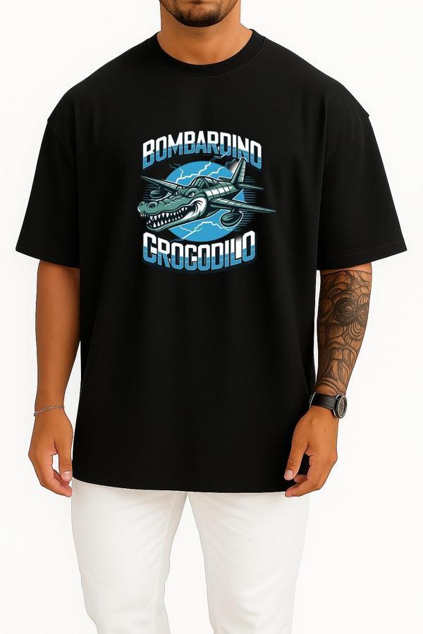 Oversize Bombardino Crocodilo Göğüs Baskılı Unisex T-Shirt - Image 1