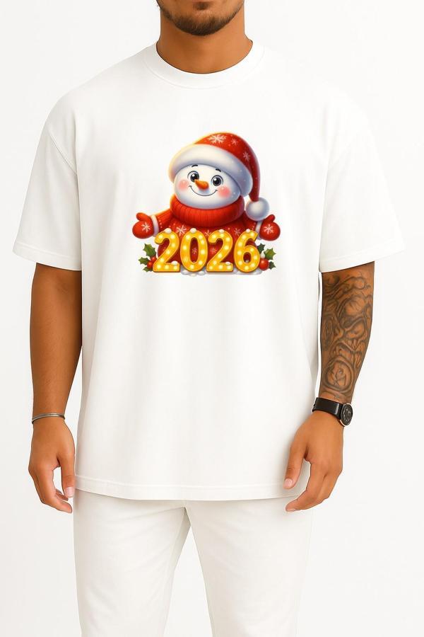 Oversize 2026 Yeni Yıl Yılbaşı Göğüs Baskılı Unisex T-Shirt - Image 1