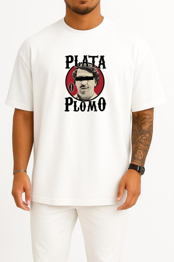 Oversize Plata O Plomo Escobar Göğüs Baskılı Unisex T-Shirt - Image 1