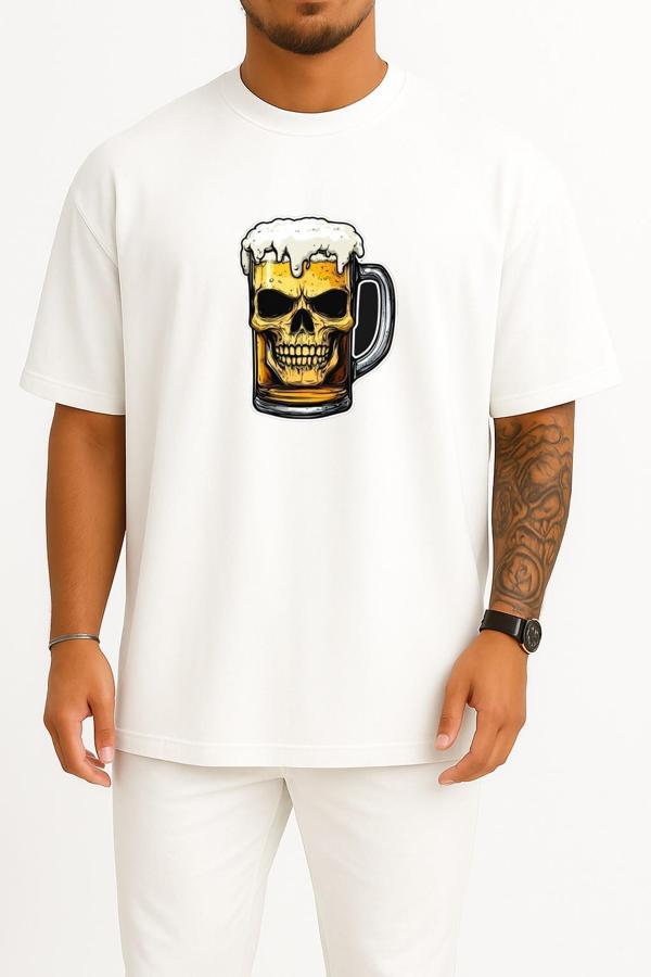 Oversize Foamy Skull Beer Göğüs Baskılı Unisex T-Shirt - Image 1