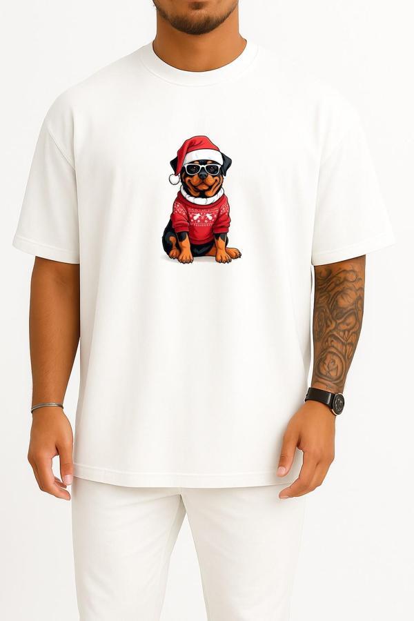 Oversize Yılbaşı Yeni Yıl Köpek Göğüs Baskılı Unisex T-Shirt - Image 1