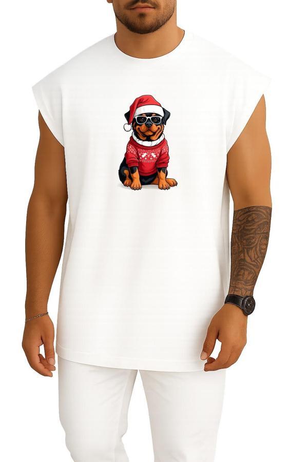 Oversize Yılbaşı Yeni Yıl Köpek Göğüs Baskılı Atlet - Image 1