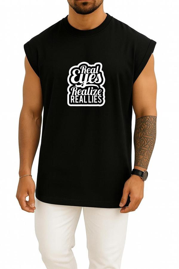 Oversize Gerçek Gözler Gerçek Yalanları Fark Eder Göğüs Baskılı Atlet - Image 1