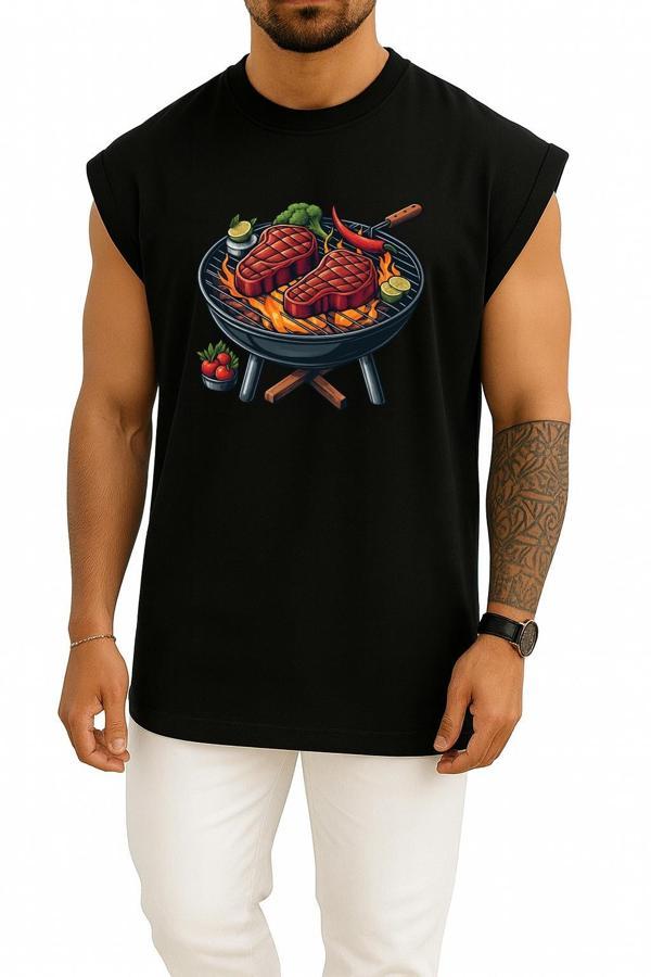 Oversize Izgara Üstünde Biftek Mangal Göğüs Baskılı Atlet - Image 1