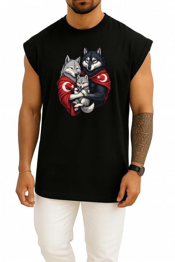 Oversize Anne - Baba Ve Çocuk Turan Kurt Ve Türk Bayrağı Göğüs Baskılı Atlet - Image 1