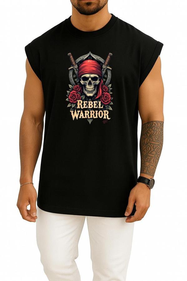 Oversize Rebel Warrior Skull Göğüs Baskılı Atlet - Image 1
