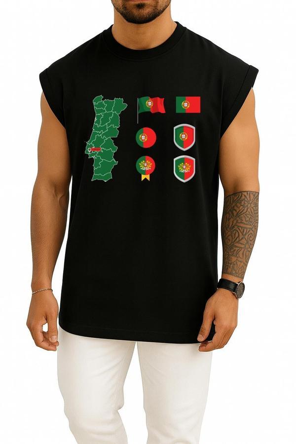 Oversize Portekiz Haritası Ve Bayrağı Göğüs Baskılı Atlet - Image 1
