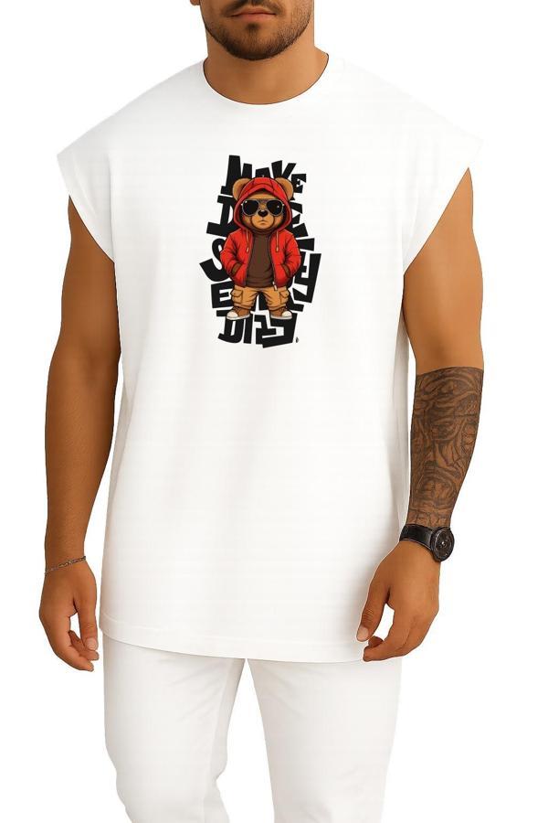 Oversize Şapkalı Graffiti Teddy Bear Göğüs Baskılı Atlet - Image 1