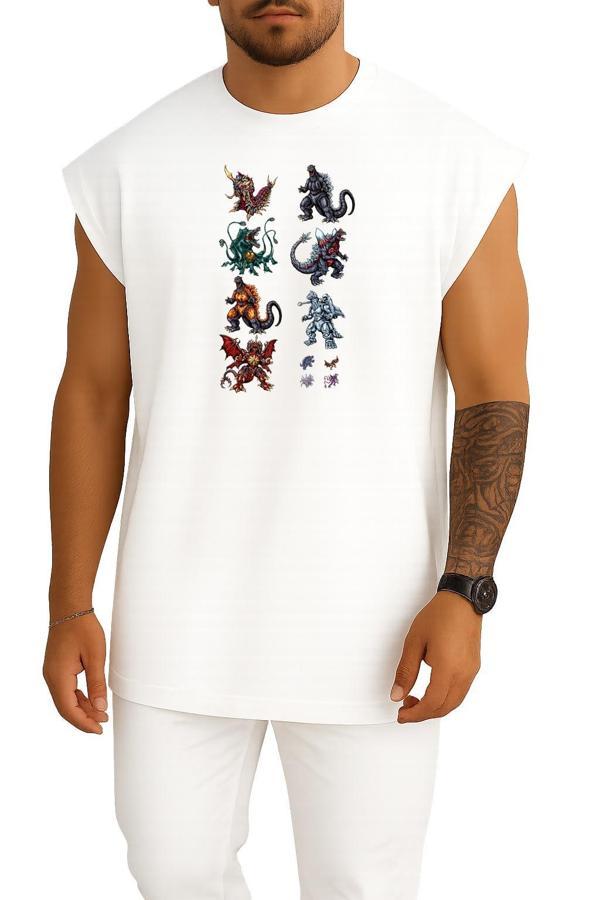 Oversize Godzilla Kaiju Megaguirus Gamera Göğüs Baskılı Atlet - Image 1