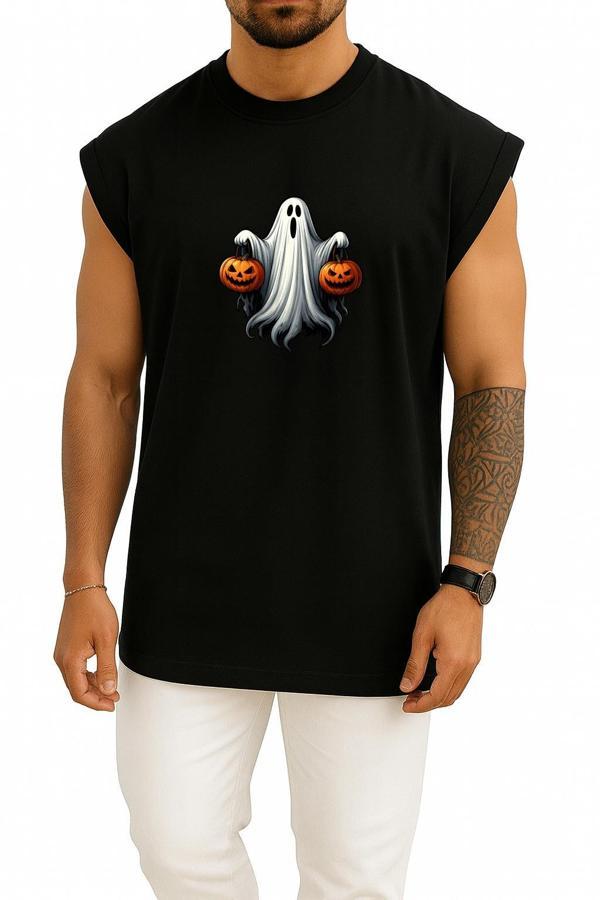 Oversize Hallowen Ve Ghost Göğüs Baskılı Atlet - Image 1