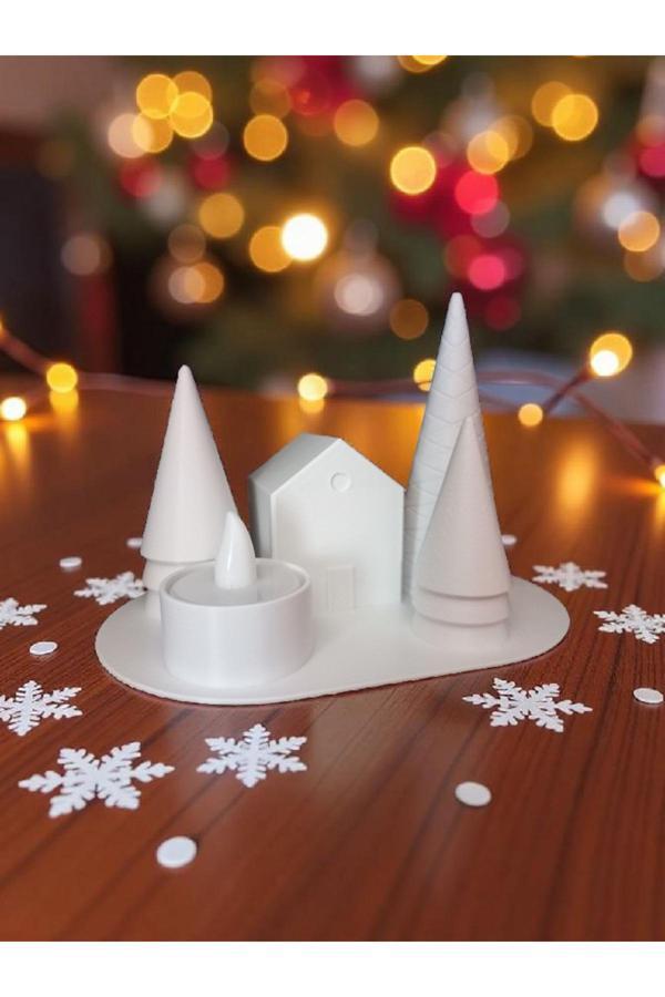 Mescolare 3D Baskı Kış Köyü Dekoru Ve Led Mum Seti | Huzurlu Işık Ev Süslemesi Hediyelik - Image 1