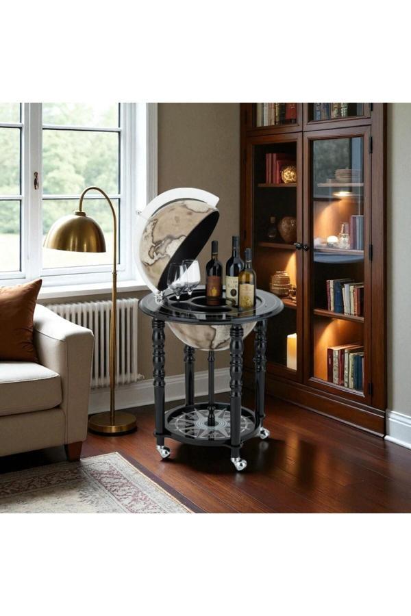 Zoffoli Retro Ayaklı Dünya Bar – Siyah Haritalı Büyük Boy Mini Bar (58X58X93 Cm) Z928-Noır - Image 1