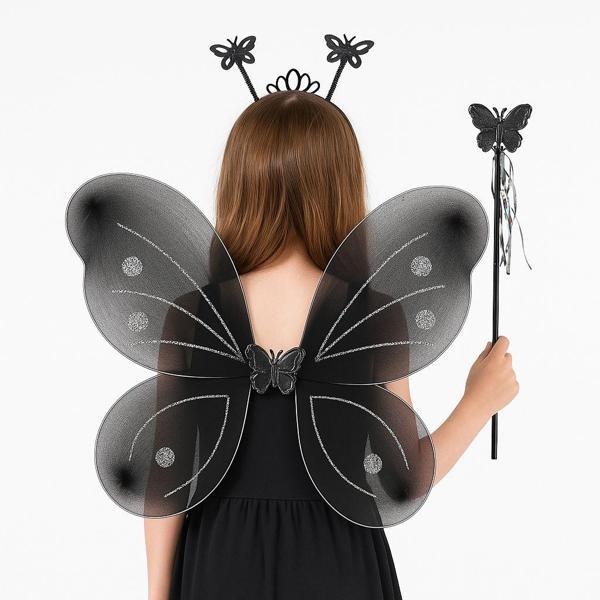 Siyah Kelebek Kız Seti – 50 cm Kelebek Kanadı, Taç ve Asa - Image 1