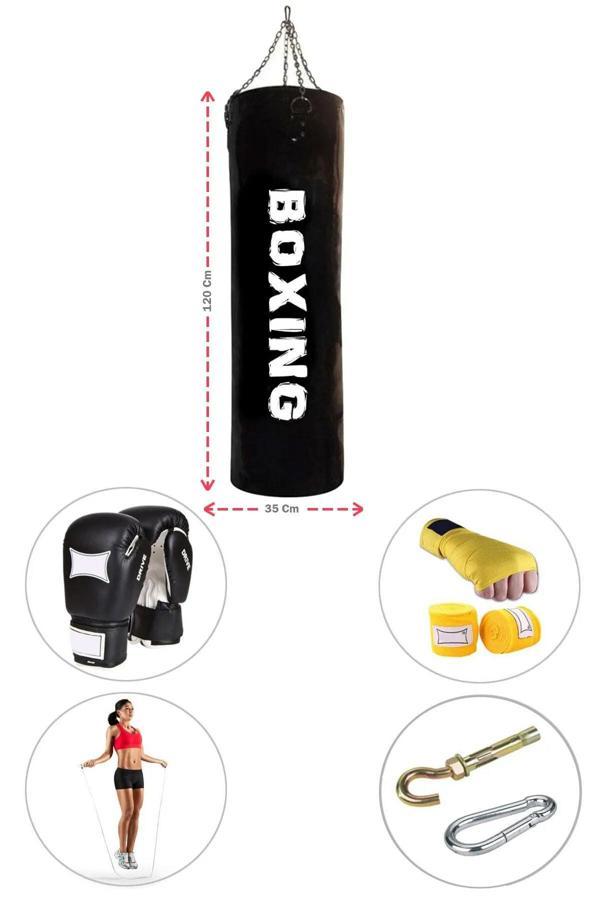 Spor Byfit 120 Cm X 35 Cm Siyah Boks Torbası + Eldiven + Bandaj + Atlama Ipi + Askı Aparatı - 5' Li Set - Dolu - Image 1