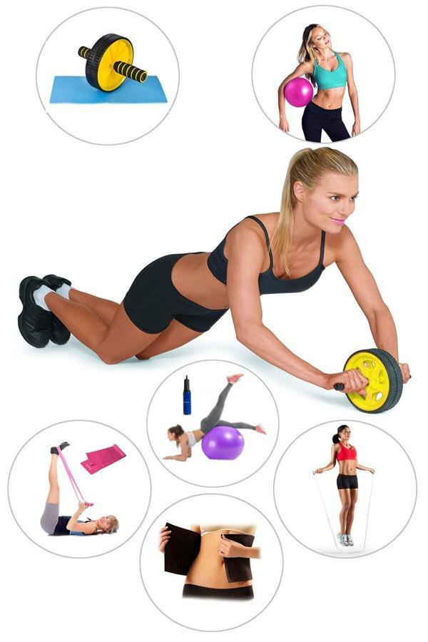 Spor Byfit Karın Kası Tekeri + Pilates Topu + Denge Topu + Band + Atlama İpi + Termal Kemer-7'Li Set - Image 1
