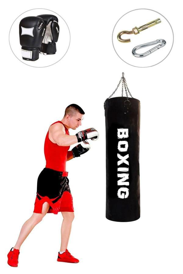 Spor Byfit 120 Cm X 35 Cm Siyah Zincirli Boks Torbası + Boks Eldiveni + Tavan Askı Aparatı - Dolu - Image 1