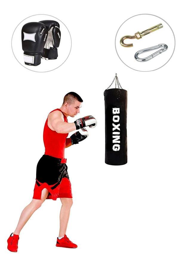 Spor Byfit 70 Cm X 25 Cm Siyah Zincirli Boks Torbası + Boks Eldiveni + Tavan Askı Aparatı - Dolu - Image 1