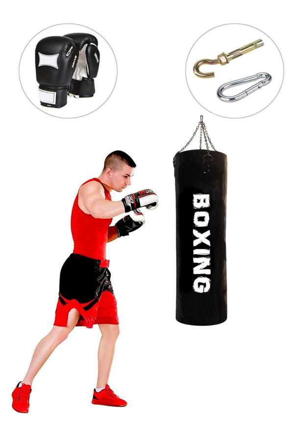 Spor Byfit 100 Cm X 30 Cm Siyah Boks Torbası Boks Eldiveni Tavan Kancası - 3' Lü Set - Dolu - Image 1