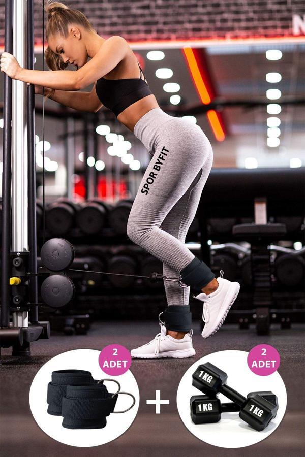 Spor Byfit Ayak Bilek Kayışı D-Ring Fitness Ağırlık Çekiş Aparatı Ve 1 Kg Dambıl Set - Image 1