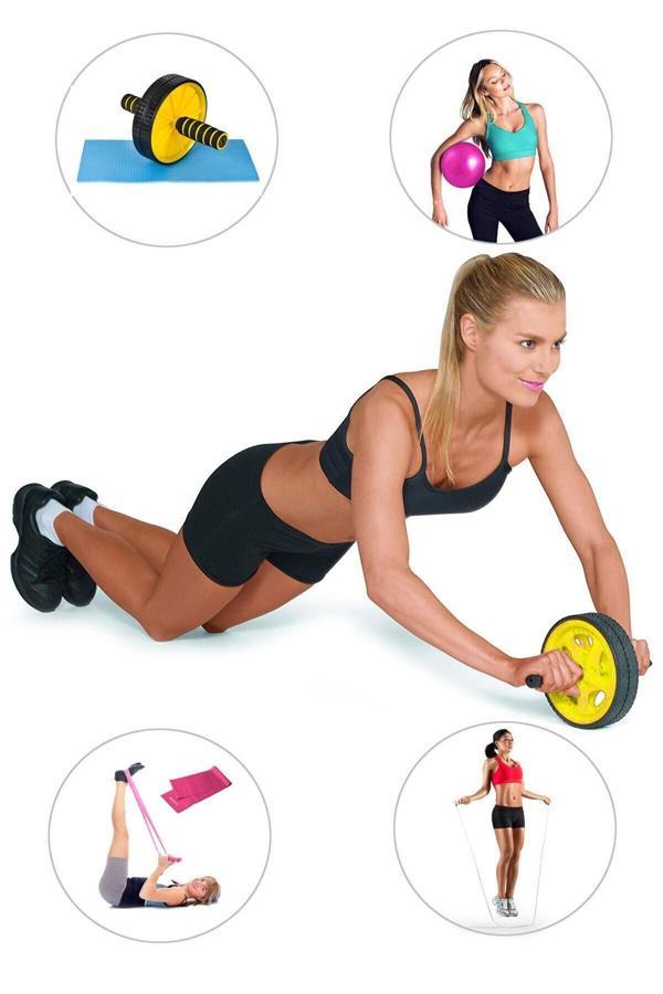 Spor Byfit Ab-Wheel Karın Kası Tekeri + Denge Topu + Pilates Bandı + Atlama Ipi - 4'Lü Set - Image 1