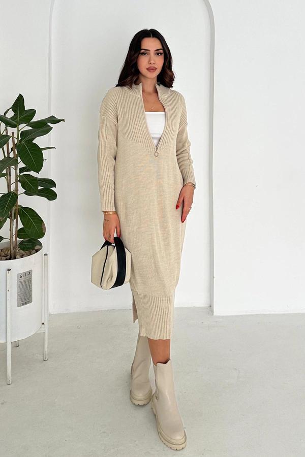 Yuvarlak Yaka Yakası Fermuarlı Uzun Kol Triko Elbise Krem - Image 1