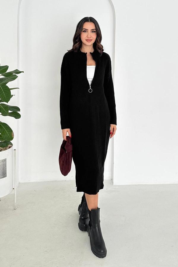 Yuvarlak Yaka Yakası Fermuarlı Uzun Kol Triko Elbise Siyah - Image 1
