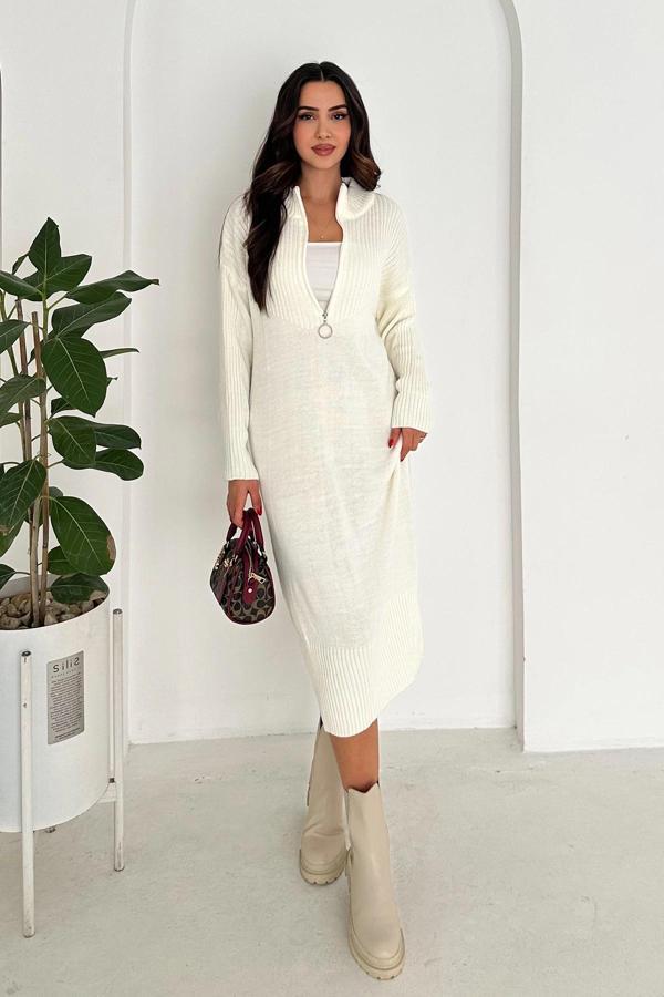 Yuvarlak Yaka Yakası Fermuarlı Uzun Kol Triko Elbise Beyaz - Image 1