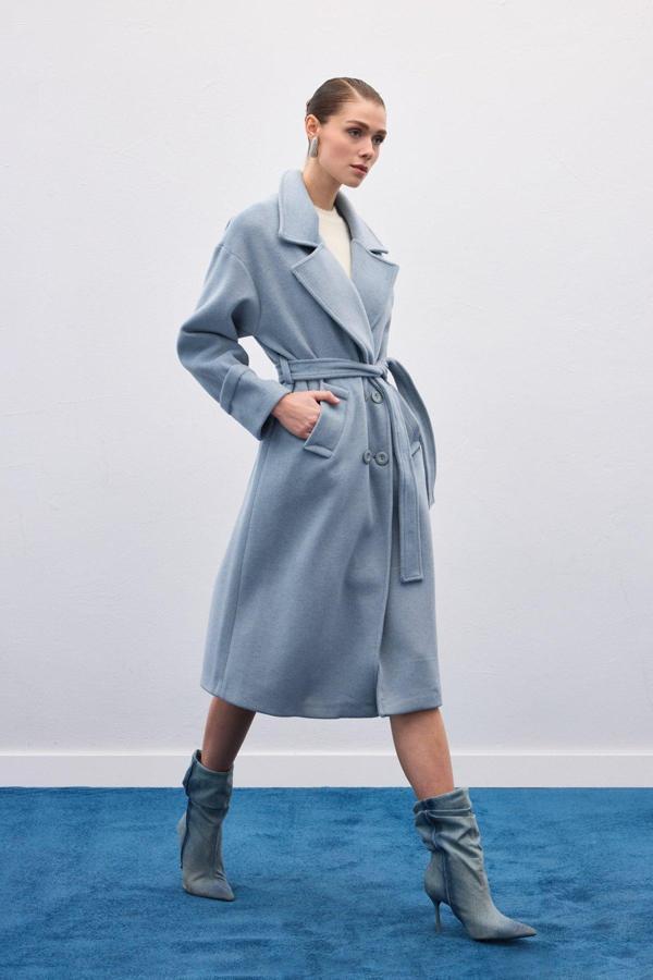 Beli Bağlamalı Uzun Kaban - Mavi - Image 1