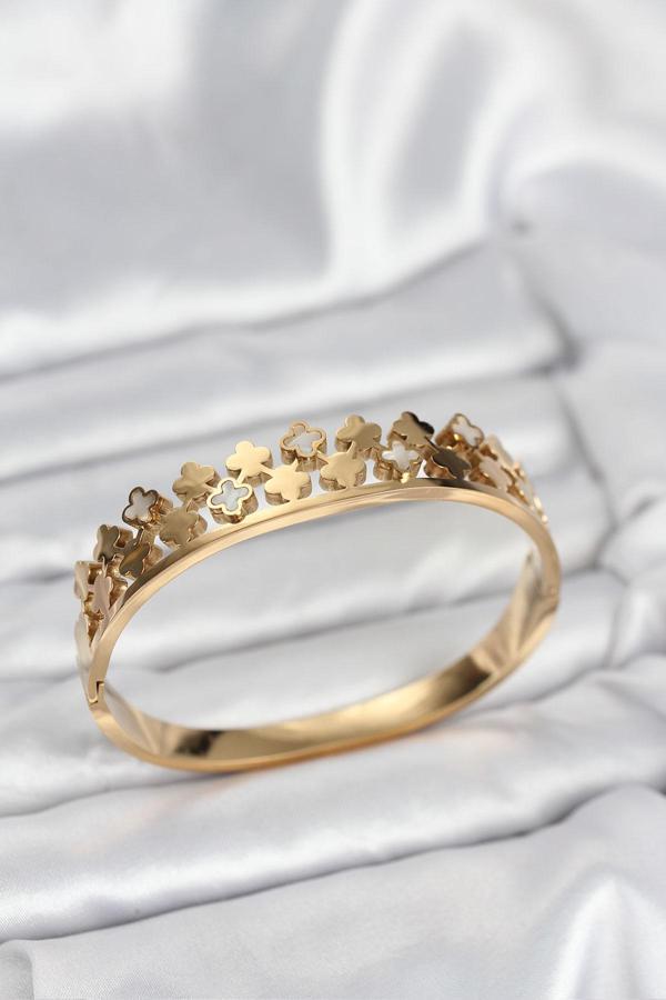 Zarif Bilekler için Golden Çelik Mini Yoncalı Kadın Kelepçe Bileklik - Image 1