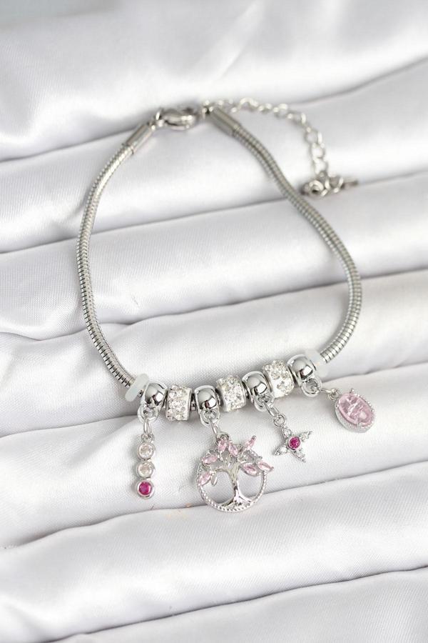 Zarif Bilekler için Silver Pirinç Yaşam Ağacı Charmlı Kadın Bileklik - Image 1