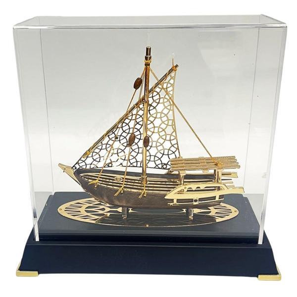 Pirinç Yelkenli Gemi Altın Kaplama Katar Dhow Teknesi Deri Kutulu 23cm No.2 - Image 1